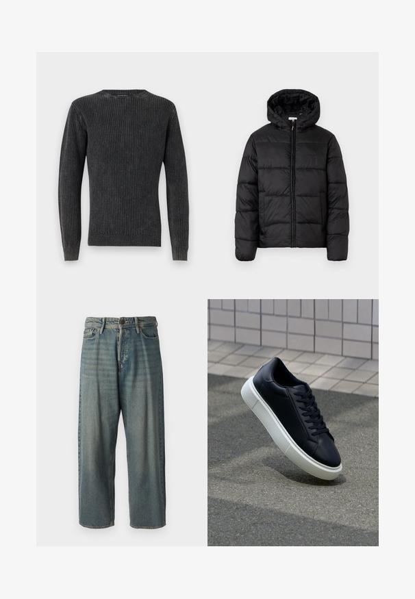 Černá péřová bunda s kapucí, s horizontálně prošívanými panely, předním zipovým zapínáním a hladkým, lesklým povrchem.; Tmavě šedý žebrovaný pletený svetr s dlouhými rukávy a kulatým výstřihem, se strukturovaným vzorem po celém povrchu a těsnými manžetami a lemováním.; Světle modré denimové džíny s volným střihem, středně vysokým pasem a rovnými nohavicemi. Obsahují pět kapes, poutka na opasek a zapínání na knoflík.; Černé kožené tenisky s kulatou špičkou a bílou gumovou podrážkou. mají ploché tkaničky a minimální šití na svršku. Texturovaná podrážka pro lepší přilnavost.