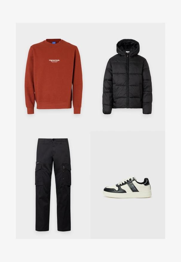 Zwarte pufferjack met een capuchon, met horizontale gestikte panelen, ritssluiting aan de voorkant en een gladde, glanzende textuur.; Roestkleurige sweatshirt gemaakt van zachte stof. Beschikt over een ronde hals en lange mouwen. Witte tekst op de voorkant toont "Originals Studio."; Zwarte cargobroek met meerdere zakken, een ritszak op de dij, rechte pasvorm en stevige katoen met een subtiele glans.; Leren sneakers met een zwart en crèmekleurig kleurenschema, voorzien van geperforeerde accenten, een gevoerde kraag en een gestructureerde buitenzool.