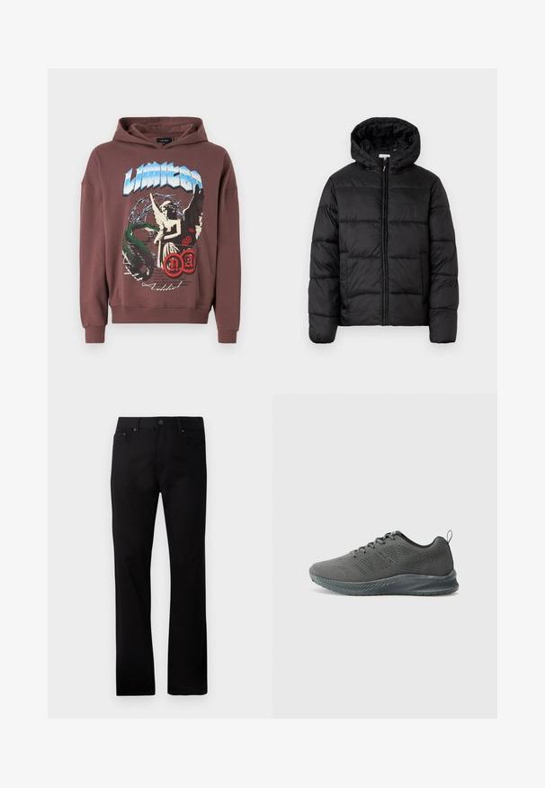 Casaco puffer preto com capuz, apresentando painéis acolchoados horizontais, fecho com zíper na frente e uma textura suave e brilhante.; Night Addict Camisola - peppercorn; Jeans pretos de perna reta feitos de denim, com fecho frontal de botão, duas bolsos laterais e uma textura suave.; Sapatilhas atléticas cinzentas com um upper de malha respirável, lados texturizados e uma sola de borracha flexível. Apresenta fecho com cordões e uma alça.