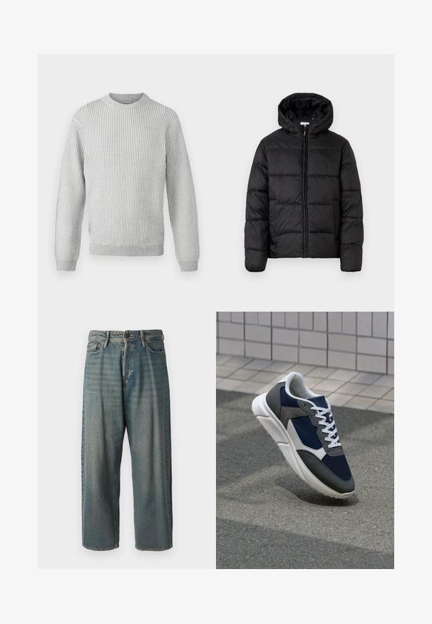 Črna pufasta bunda s kapuco, ki ima vodoravne prešite plošče, sprednje zapiranje na zadrgo in gladko, sijočo teksturo.; Svetlo sivi rebrasti pulover s okroglo ovratnikom, dolgimi rokavi in ravnim robom. Narejen iz mehkega, teksturiranega blaga.; Svetlomoderne kavbojke z ohlapnim krojem, srednjim pasom in ravnimi nogami. Imajo pet žepov, zanke za pas in zapiranje na gumb.; Superge z zgornjim delom iz mrežaste tkanine v mornarsko modri barvi, sivi usnjeni poudarki, belo gumijasto podplato in ravnimi belimi vezalkami, zasnovane za udobje in zračnost.