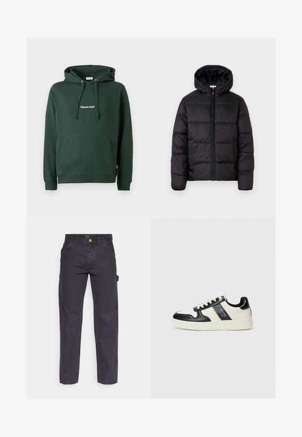 Zwarte pufferjack met een capuchon, met horizontale gestikte panelen, ritssluiting aan de voorkant en een gladde, glanzende textuur.; Groene katoenen hoodie met een voorkant kangaroozak, ribgebreide boorden en geborduurd logo op de borst in het wit. Eenvoudig ontwerp.; Donkergrijze cargobroek van duurzaam materiaal, met een rechte pijp, vijf zakken en een knoopsluiting in de taille.; Leren sneakers met een zwart en crèmekleurig kleurenschema, voorzien van geperforeerde accenten, een gevoerde kraag en een gestructureerde buitenzool.