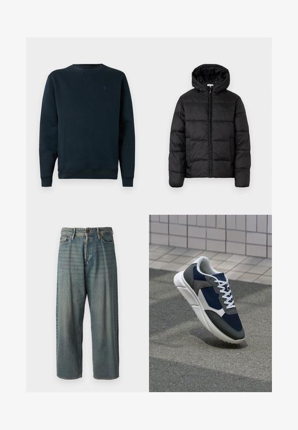 Casaco puffer preto com capuz, apresentando painéis acolchoados horizontais, fecho com zíper na frente e uma textura suave e brilhante.; Sweatshirt de gola redonda em tom de azul-marinho, feito de tecido suave, com punhos e barra canelados, e um pequeno logótipo no peito. Design simples e minimalista.; Jeans de ganga azul claro com um corte solto, cintura média e pernas retas. Apresenta cinco bolsos, passadores de cinto e fecho com botão.; Sapatilha com parte superior em malha azul-marinho, detalhes em camurça cinza, sola de borracha branca e atacadores brancos planos, projetada para conforto e respirabilidade.