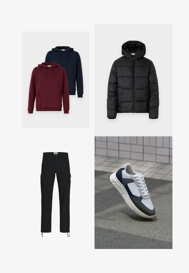Čierna prešívaná bunda s kapucňou, s horizontálnymi prešívanými panelmi, so zipsom vpredu a hladkou, lesklou textúrou.; Dve mikiny: jedna vínová a jedna námornícka. Obe majú predné klokanie vrecko, kapucne na šnúrku, rebrované manžety a mäkkú tkaninovú štruktúru.; Čierne cargo nohavice so striha s priamym strihom, s bočnými vreckami, zapínaním na gombík a elastickými šnúrkami na členkoch. Vyrobené z odolnej tkaniny.; Biele, námornícke a šedé tenisky s kombinovaným materiálom, so štruktúrovaným zvrškom, plochými šnúrkami a polstrovanou podošvou.