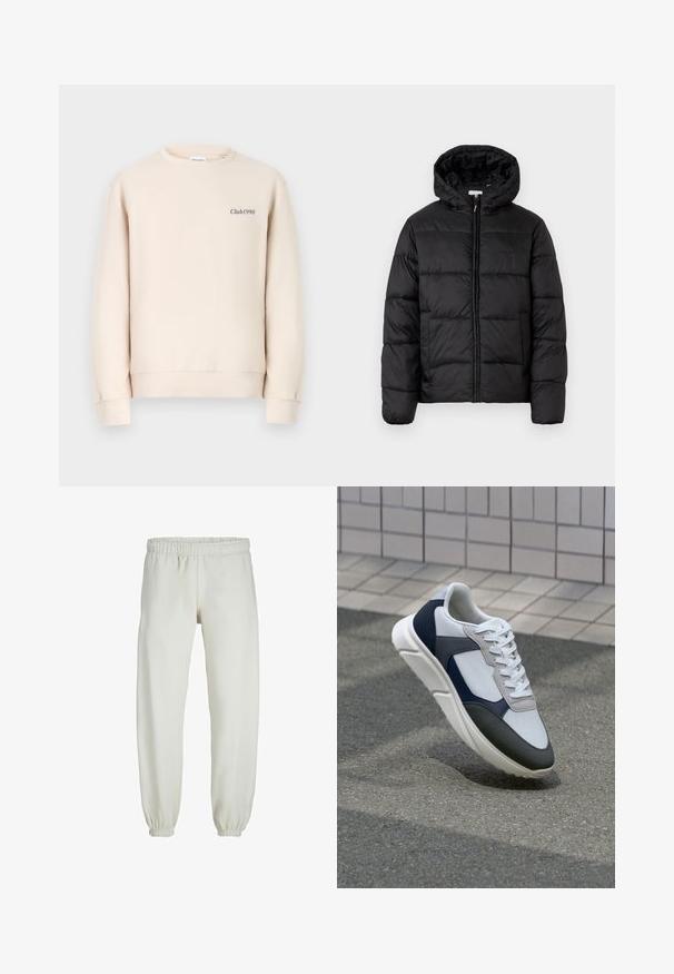 Black puffer jacket with a hood, featuring horizontal quilted panels, zip front closure, and a smooth, shiny texture.; Beige sweatshirt featuring a round neckline, long sleeves, ribbed cuffs, and "Club1990" embroidered on the front in a dark color.; White sweatpants made from soft fabric, featuring an elastic waistband and cuffs, with a smooth texture and loose-fitting design.; White, navy, and gray sneaker with a mixed material design, featuring a textured upper, flat laces, and a cushioned sole.