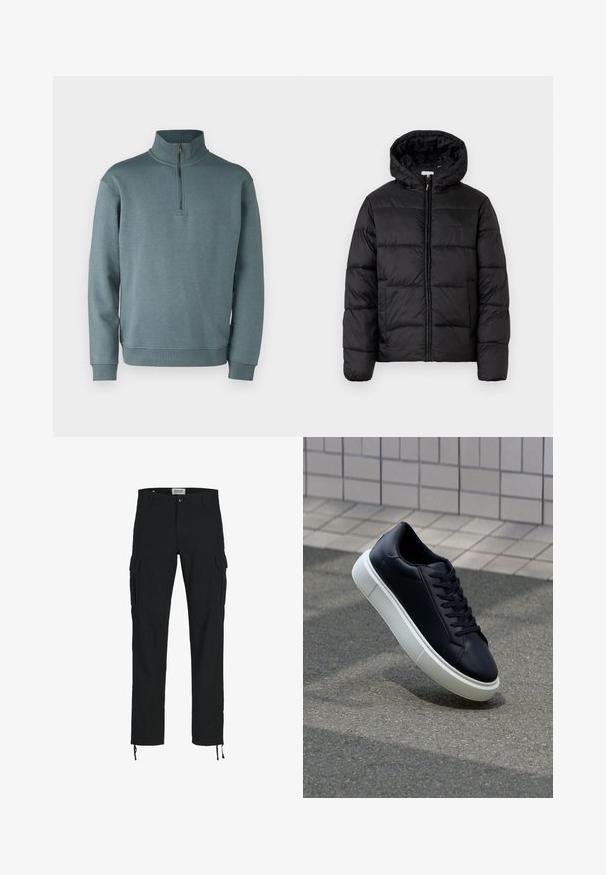 Schwarze Steppjacke mit Kapuze, ausgestattet mit horizontalen Stepppanelen, Reißverschluss vorne und einer glatten, glänzenden Textur.; Jack & Jones JJEBRADLEY HALF ZIP - Sweatshirt - goblin blue; Schwarze Cargo-Hosen mit geradem Schnitt, ausgestattet mit Seitentaschen, einem Knopfverschluss und elastischen Zugbändern an den Knöcheln. Hergestellt aus strapazierfähigem Stoff.; Schwarze Leder-Sneaker mit runder Zehenpartie und weißer Gummisohle. Verfügt über flache Schnürsenkel und minimale Nähte im Obermaterial. Strukturiertes Sohlenprofil für besseren Halt.