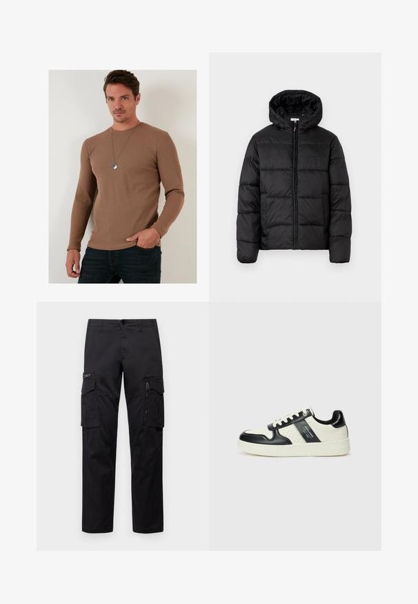 Giacca a vento nera con cappuccio, caratterizzata da pannelli trapuntati orizzontali, chiusura frontale con zip e una texture liscia e lucida.; Maglietta a maniche lunghe marrone a costine realizzata in tessuto testurizzato, con una scollatura rotonda e un taglio aderente, abbinata a jeans scuri.; Pantaloni cargo neri con multiple tasche, tasca con zip sulla coscia, vestibilità dritta e in resistente cotone con un leggero lucido.; Sneakers in pelle con una combinazione di colori nero e crema, dotati di dettagli perforati, collare imbottito e suola testurizzata.
