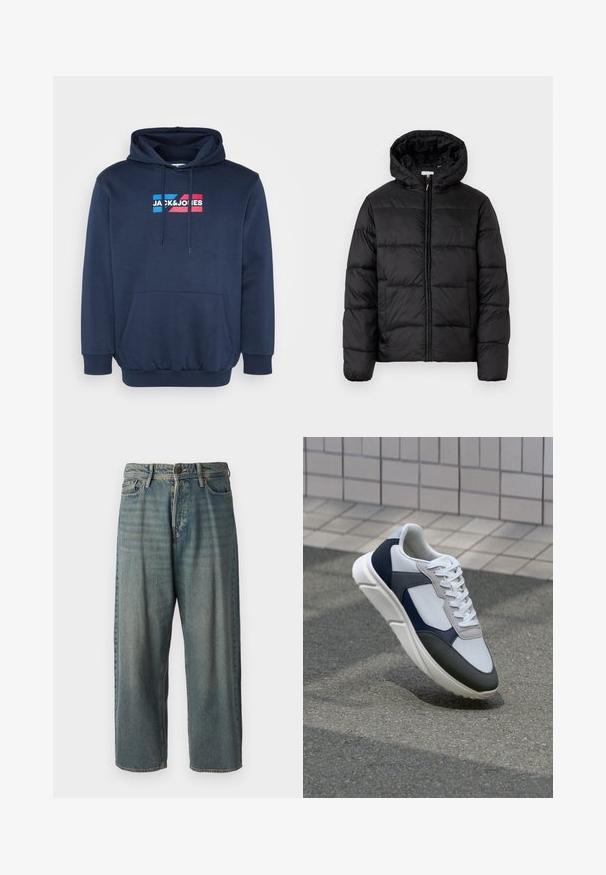 Veste matelassée noire avec capuche, présentant des panneaux matelassés horizontaux, un devant zippé et une texture lisse et brillante.; Sweatshirt à capuche bleu marine, en coton mélangé, avec poche kangourou, arborant un logo blanc et coloré "JACK&JONES" sur la poitrine.; Jeans en denim bleu clair avec une coupe ample, taille mi-haute et jambes droites. Comprend cinq poches, des passants de ceinture et une fermeture à bouton.; Baskets blanches, bleu marine et grises avec un design en matériaux mélangés, présentant une tige texturée, des lacets plats et une semelle rembourrée.