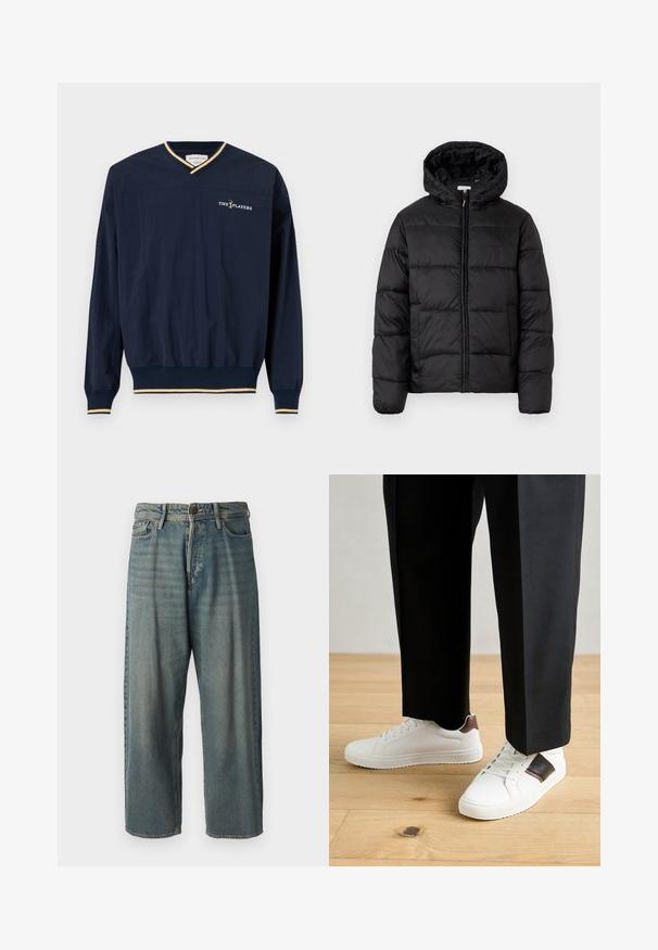 Casaco puffer preto com capuz, apresentando painéis acolchoados horizontais, fecho com zíper na frente e uma textura suave e brilhante.; Pullover azul marinho com decote em V, mangas longas, bainha elástica e punhos com detalhes em dourado. Apresenta "THE PLAYERS" bordado no peito.; Jeans de ganga azul claro com um corte solto, cintura média e pernas retas. Apresenta cinco bolsos, passadores de cinto e fecho com botão.; Ténis brancos com textura suave, apresentando elementos em pele castanha e detalhes em preto, combinados com calças pretas ajustadas. Fundo de chão de madeira.