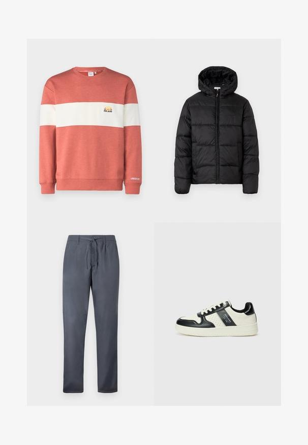 Čierna prešívaná bunda s kapucňou, s horizontálnymi prešívanými panelmi, so zipsom vpredu a hladkou, lesklou textúrou.; Červenooranžová mikina s bielym horizontálnym prúžkom, s malým vyšívaným slnkom a logom "PEPE JEANS" na hrudi. Vyrobená z bavlnenej zmesi.; Šedé nohavice vyrobené z hladkej látky, s uzáverom na šnúrku a bočnými vreckami. Rovný strih s čistým dokončením.; Kožené tenisky v čierno-krémovej farbe, s perforovanými akcentmi, polstrovaným golierom a štruktúrovanou podrážkou.