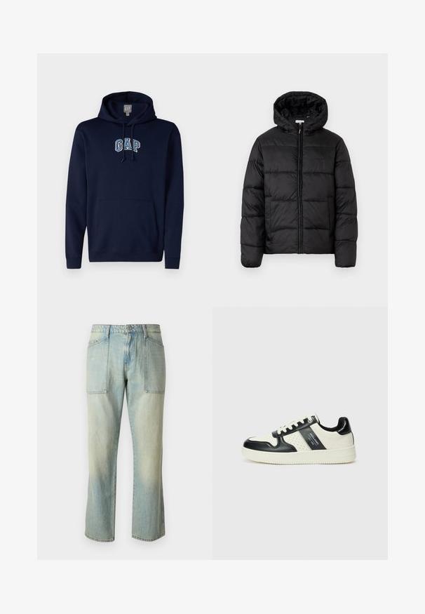 Jachetă puffer neagră cu glugă, cu panouri quilted orizontale, închidere prin fermoar și o textură netedă, lucioasă.; GAP TONAL ARCH - Hanorac - navy; Jeans din denim de un albastru deschis, cu croi drept, cusături vizibile și două buzunare mari în față. Țesătura are o textură decolorată.; Tenisi din piele cu un scheme de culori negru și crem, dotati cu accente perforate, guler căptușit și o talpă texturată.