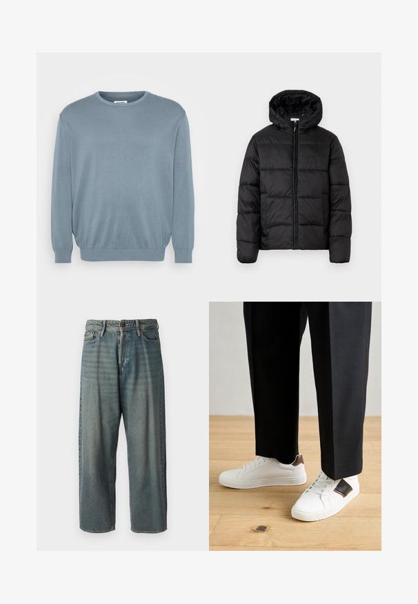 Veste matelassée noire avec capuche, présentant des panneaux matelassés horizontaux, un devant zippé et une texture lisse et brillante.; Un pull bleu clair en tissu tricoté, doté d'un col rond et de poignets et d'un ourlet côtelés. Design simple avec une texture douce.; Jeans en denim bleu clair avec une coupe ample, taille mi-haute et jambes droites. Comprend cinq poches, des passants de ceinture et une fermeture à bouton.; Des sneakers blanches au texture lisse, avec des accents en cuir marron et des détails noirs, assorties à un pantalon noir ajusté. Fond en parquet.