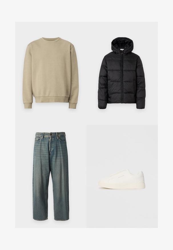 Crna puffer jakna s kapuljačom, koja ima horizontalne kvadratne panele, zatvaranje na zip sprijeda i glatku, sjajnu teksturu.; Bež dukserica s okruglim izrezom, rebrastim manžetama i donjim rubom. Izrađena od mekanog materijala, s glatkom teksturom i minimalističkim dizajnom.; Svijetloplave traperice s širokim krojem, srednjim pojasom i ravnim nogavicama. Ima pet džepova, petlje za remen i kopčanje na gumb.; Bijele slip-on tenisice s teksturiranom površinom, debelim đonom i minimalističkim dizajnom. Sadrže logo branda sa strane.