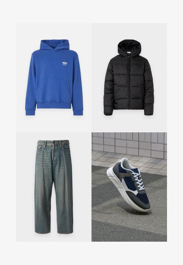 Mustapukuinen puhvijakku, jossa on huppu, vaakasuorat tikatut paneelit, vetoketjukiinnitys ja sileä, kiiltävä pinta.; Sininen puuvillasta valmistettu huppari, jossa on etutasku, ribbireunat hihoissa ja helmassa sekä pieni logo rinnan alueella. Pehmeä kangas.; Vaaleansiniset farkut, joissa on väljä istuvuus, keskikorkea vyötärö ja suorat lahkeet. Ominaisuuksiin kuuluvat viisi taskua, vyölenkit ja nappisulku.; Kengät, joissa on tummansininen verkkopäällinen, harmaat mokka-yksityiskohdat, valkoinen kumipohja ja litteät valkoiset nauhat, suunniteltu mukavuutta ja hengittävyyttä varten.