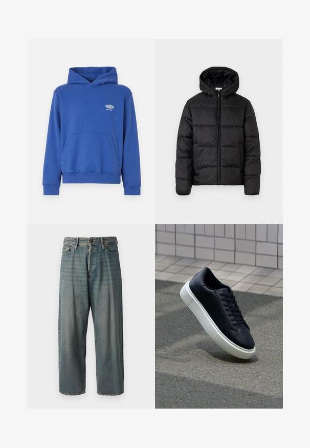 Schwarze Steppjacke mit Kapuze, ausgestattet mit horizontalen Stepppanelen, Reißverschluss vorne und einer glatten, glänzenden Textur.; Blaues Baumwollkapuzensweatshirt mit einer vorderen Kängurutasche, gerippten Bündchen und Saum sowie einem kleinen Logo im Brustbereich. Weiche Stofftextur.; Helle blaue Denim-Jeans mit lockerer Passform, mittelhoher Taille und geraden Beinen. Hat fünf Taschen, Gürtelschlaufen und einen Knopfverschluss.; Schwarze Leder-Sneaker mit runder Zehenpartie und weißer Gummisohle. Verfügt über flache Schnürsenkel und minimale Nähte im Obermaterial. Strukturiertes Sohlenprofil für besseren Halt.