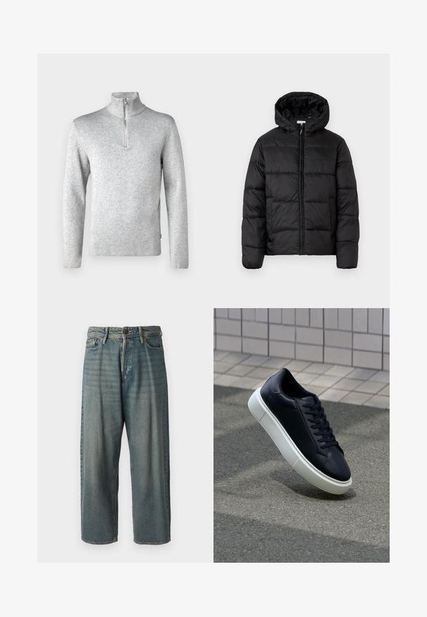 Musternaturmustar coat mustelhoovaga, hrisontaalsete tikandi paneelidega, tõmbluku ees sulgemisega ja sujuva, läikiva tekstuuriga.; Jack & Jones PREMIUM JPRBLAMILANO HALF ZIP - Džemper - light grey melange; Heledad sinine denim-stiilis teksad, volüümse lõike, keskmise kõrgusega talje ja sirgete säärega. Omab viit taskut, vöökumme ja nööpide sulgemist.; Mustast nahast tennisetoss, millel on ümar nina ja valge kummist tall. Omab siredaid paelu ja minimaalset õmblemist ülemises osas. Tekstuuriga tald, mis tagab haakuvuse.