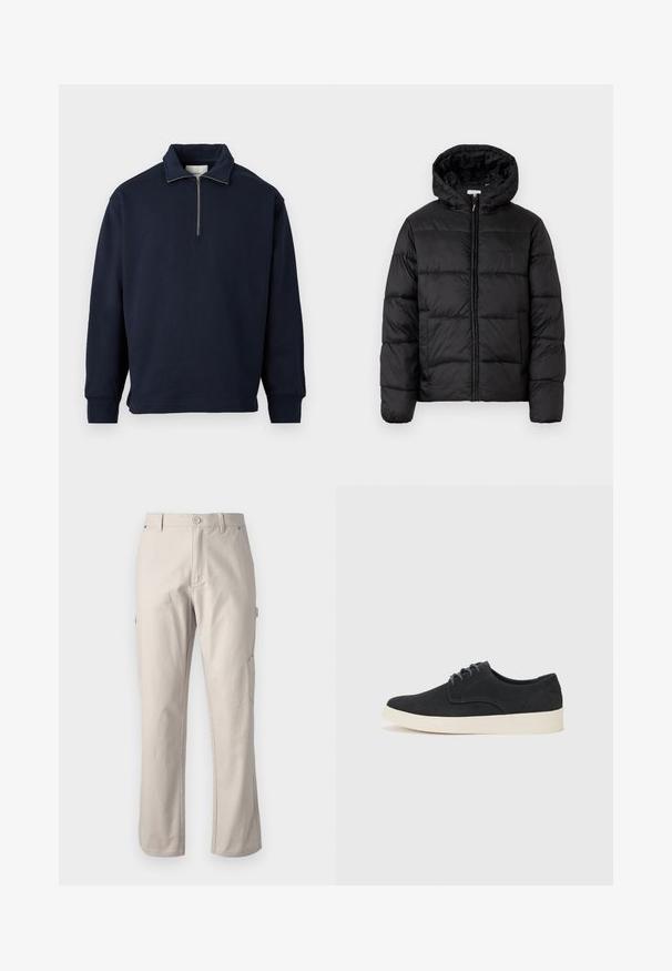 Casaco puffer preto com capuz, apresentando painéis acolchoados horizontais, fecho com zíper na frente e uma textura suave e brilhante.; Sweatshirt azul-marinho com gola alta e fecho de meio zíper, feito de um tecido suave, com mangas compridas e um corte descontraído.; Calças cargo bege feitas de algodão resistente, com pernas retas, fecho frontal com botão e bolsos laterais para utilidade. Textura suave com costura discreta.; Sapatilha preta em camurça com atacadores, bico arredondado, sola leve creme e discretos detalhes em azul nas laterais.