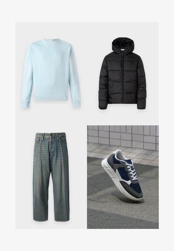 Černá péřová bunda s kapucí, s horizontálně prošívanými panely, předním zipovým zapínáním a hladkým, lesklým povrchem.; Světle modrý svetr vyrobený z měkké bavlny, s kulatým výstřihem, žebrovanými manžetami a malým, nenápadným logem vyšitým na přední straně.; Světle modré denimové džíny s volným střihem, středně vysokým pasem a rovnými nohavicemi. Obsahují pět kapes, poutka na opasek a zapínání na knoflík.; Tenisky s horní částí z námornicky modré síťoviny, šedými semišovými akcenty, bílou gumovou podrážkou a plochými bílými tkaničkami, navržené pro pohodlí a prodyšnost.