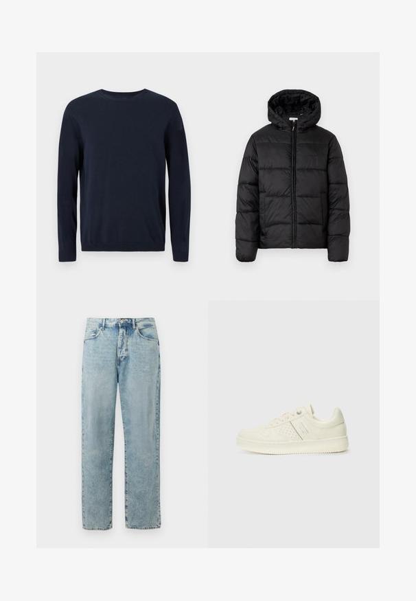 Jachetă puffer neagră cu glugă, cu panouri quilted orizontale, închidere prin fermoar și o textură netedă, lucioasă.; Pulover tricotat bleumarin, cu mâneci lungi, decolteu tip crew și manșete și tiv cu nervuri. Prezintă un mic logo pe piept.; Blugi din denim drept, de culoare albastru deschis, cu închidere cu nasture și fermoar, buzunare frontale și detalii ușor decolorate.; Adidași crem cu detalii perforate, șireturi și logo pe lateral, expuși pe un fundal alb simplu.