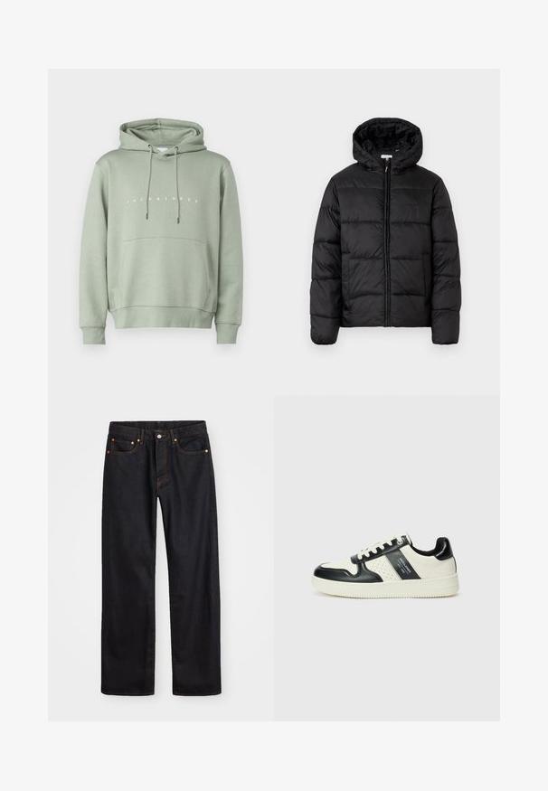 Veste matelassée noire avec capuche, présentant des panneaux matelassés horizontaux, un devant zippé et une texture lisse et brillante.; Sweat à capuche vert clair avec une poche avant, un capuchon réglable à cordon de serrage et un logo blanc "JACK & JONES" sur la poitrine. Texture lisse.; Jean en denim noir pour hommes, coupe droite, avec cinq poches et surpiqûres orange, fermeture par bouton et zip à la taille avant.; Baskets en cuir avec un schéma de couleurs noir et crème, dotées d'accents perforés, d'un col rembourré et d'une semelle texturée.