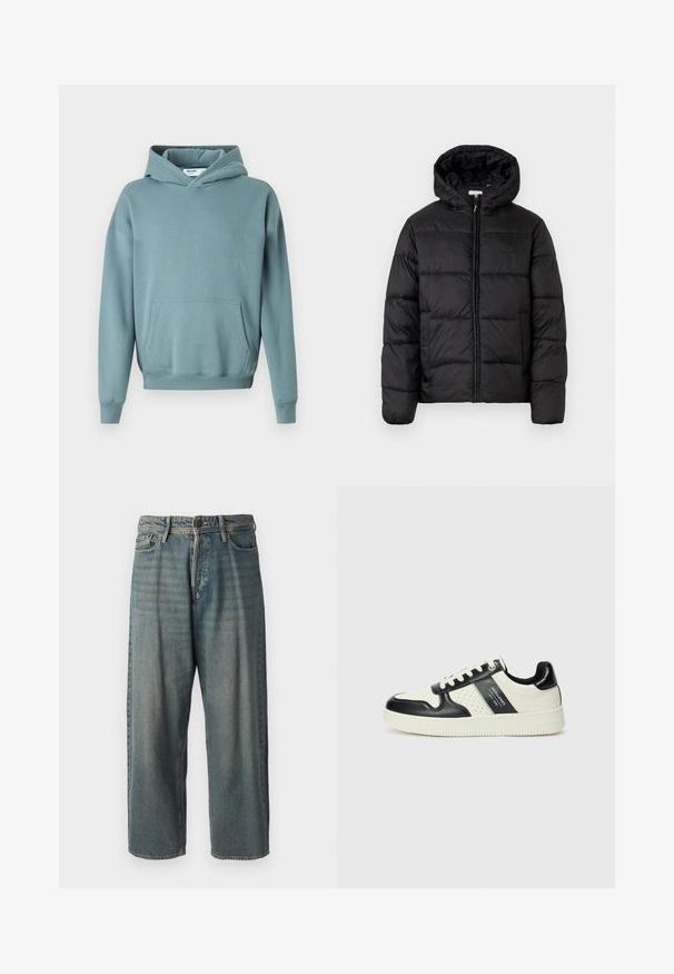 Μαύρο μπουφάν με κουκούλα, με οριζόντια καπιτονέ πάνελ, κλείσιμο με φερμουάρ μπροστά και λεία, γυαλιστερή υφή.; Ανοιχτό μπλε φούτερ με τσέπη μπροστά, κουκούλα και ριμπ μανσέτες. Φτιαγμένο από μαλακό ύφασμα με άνετη εφαρμογή.; Ανοιχτό μπλε τζιν παντελόνι με χαλαρή γραμμή, μέση μέσου ύψους και ευθείες γραμμές. Περιλαμβάνει πέντε τσέπες, θηλιές ζώνης και κούμπωμα με κουμπί.; Δερμάτινα sneakers με μαύρο και κρεμ χρωματικό σχέδιο, με διάτρητες λεπτομέρειες, επενδεδυμένο κολάρο και υφή στη σόλα.