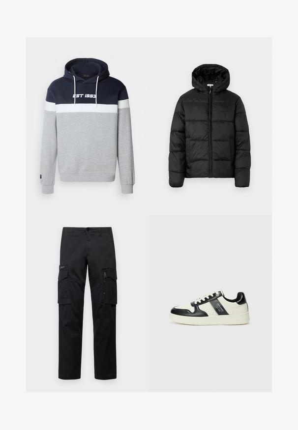 Schwarze Steppjacke mit Kapuze, ausgestattet mit horizontalen Stepppanelen, Reißverschluss vorne und einer glatten, glänzenden Textur.; Hoodie mit grauem Körper, navyfarbener Oberseite und weißem horizontalem Streifen, auf dem "EST 1993" in Weiß gedruckt ist. Aus Baumwollmischung.; Schwarze Cargo-Hosen mit mehreren Taschen, einer Reißverschlusstasche am Oberschenkel, geradem Schnitt und strapazierfähigem Baumwollstoff mit leichtem Glanz.; Leder-Sneaker in Schwarz- und Cremetönen, mit perforierten Akzenten, einem gepolsterten Kragen und einer strukturierten Laufsohle.