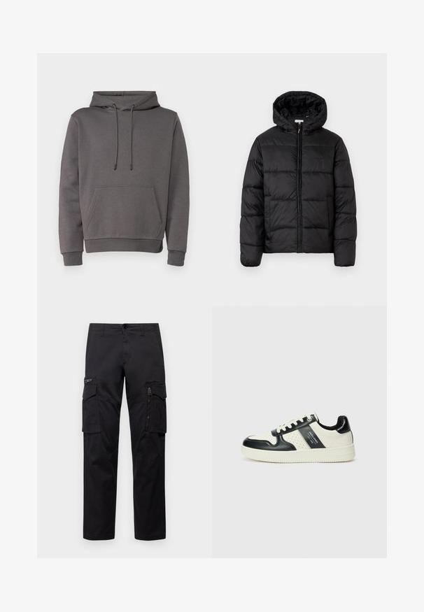 Črna pufasta bunda s kapuco, ki ima vodoravne prešite plošče, sprednje zapiranje na zadrgo in gladko, sijočo teksturo.; Siva kapuca izdelana iz mehkega materiala, z kenguru žepom, nastavljivo kapuco na vrvico ter rebrastimi manšetami in robom.; Črne cargo hlače z več žepi, z zadrgo na stegnu, ravnim krojem in trdnim bombažnim materialom z rahlo sijajem.; Usnjeni športni čevlji z črno in krem barvno shemo, ki vključujejo perforirane dodatke, podložen ovratnik in strukturirano podplat.