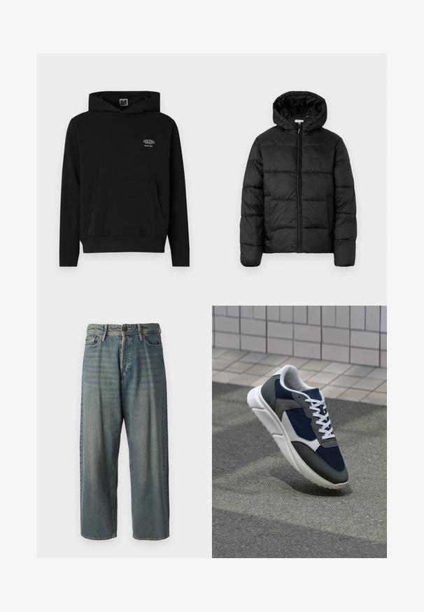 Fekete puffermellény kapucnival, vízszintes steppelésekkel, cipzáros elülső záródással és sima, fényes felülettel.; Fekete kapucnis pulóver puha anyagból, elülső zsebbel és húzózsinórral. A mellrészen egy kis fehér logó található.; Világoskék farmernadrág, laza fazonnal, közepes derékbőséggel és egyenes szárral. Öt zsebet, övbucskát és gombos záródást tartalmaz.; Cipő, amelynek sötétkék hálós felsőrésze, szürke velúr díszítései, fehér gumitalpa és lapos fehér fűzője van, a kényelem és a légáteresztő képesség érdekében tervezve.