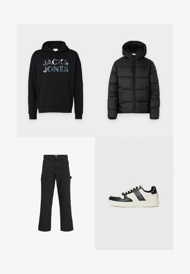 Zwarte pufferjack met een capuchon, met horizontale gestikte panelen, ritssluiting aan de voorkant en een gladde, glanzende textuur.; Zwarte hoodie met een trekkoordkap. Heeft een groot, bedrukt "JACK & JONES" logo aan de voorkant. Het materiaal lijkt zacht met een gladde textuur.; Zwarte cargobroek van een katoenmix. Heeft wijde pijpen, schuin voorzakken en een zijzak met een lus voor accessoires.; Leren sneakers met een zwart en crèmekleurig kleurenschema, voorzien van geperforeerde accenten, een gevoerde kraag en een gestructureerde buitenzool.