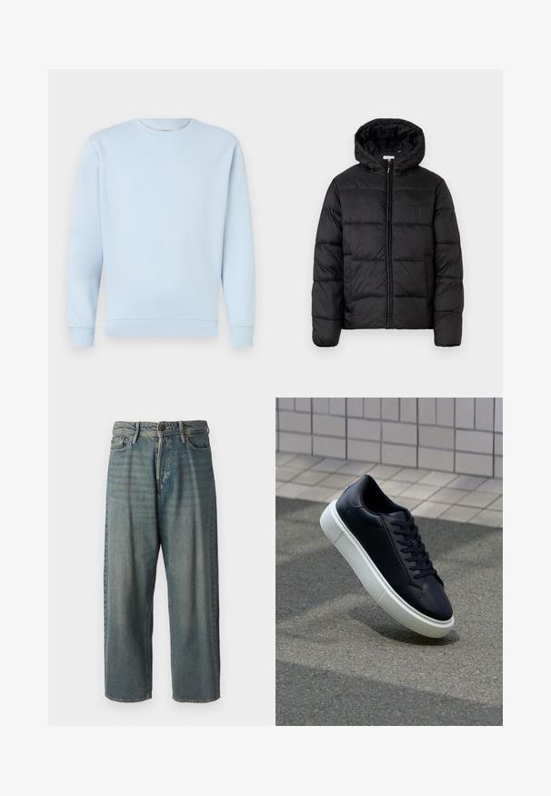 Schwarze Steppjacke mit Kapuze, ausgestattet mit horizontalen Stepppanelen, Reißverschluss vorne und einer glatten, glänzenden Textur.; Hellblaues Sweatshirt aus weichem Baumwollmaterial mit Rundhalsausschnitt, gerippten Bündchen und Saum. Glatte Textur, keine Muster oder Verzierungen.; Helle blaue Denim-Jeans mit lockerer Passform, mittelhoher Taille und geraden Beinen. Hat fünf Taschen, Gürtelschlaufen und einen Knopfverschluss.; Schwarze Leder-Sneaker mit runder Zehenpartie und weißer Gummisohle. Verfügt über flache Schnürsenkel und minimale Nähte im Obermaterial. Strukturiertes Sohlenprofil für besseren Halt.