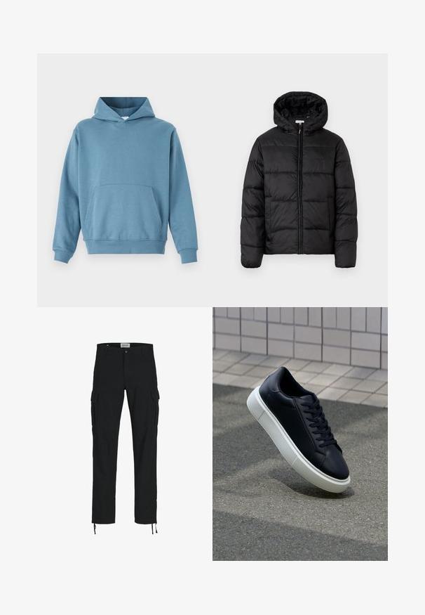 Musternaturmustar coat mustelhoovaga, hrisontaalsete tikandi paneelidega, tõmbluku ees sulgemisega ja sujuva, läikiva tekstuuriga.; Sinine puuvillane kapuutsiga sviiter, millel on ees tasku, pikad varrukad ja nööriga kapuuts. Sile tekstuur ja soonikkoes varruka- ja alumine äär.; Mustad mustad püksid sirge lõikega, külje taskutega, nööbiga kinni ja elastsete paeltega pahkluudes. Valmistatud vastupidavast kangast.; Mustast nahast tennisetoss, millel on ümar nina ja valge kummist tall. Omab siredaid paelu ja minimaalset õmblemist ülemises osas. Tekstuuriga tald, mis tagab haakuvuse.