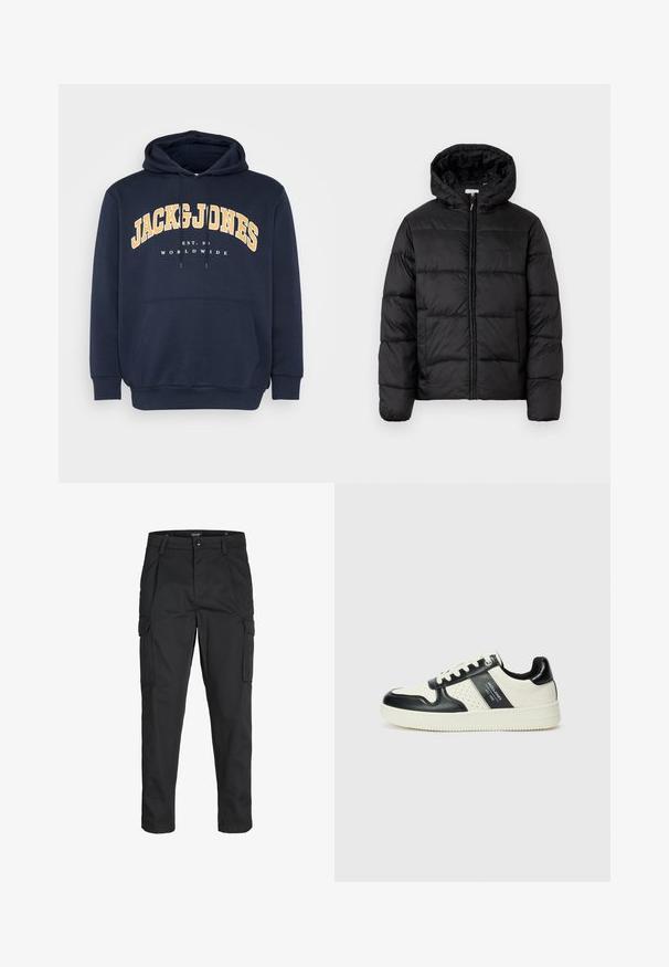 Black puffer jacket with a hood, featuring horizontal quilted panels, zip front closure, and a smooth, shiny texture.; Navy blue hoodie with a front kangaroo pocket, drawstrings, and bold yellow "JACK & JONES" text graphic above "EST. 1990" and "WORLDWIDE."; Black cargo pants made of sturdy fabric, featuring multiple pockets, a button closure, and a slim fit design with tapered legs.; Leather sneakers with a black and cream color scheme, featuring perforated accents, a padded collar, and a textured outsole.