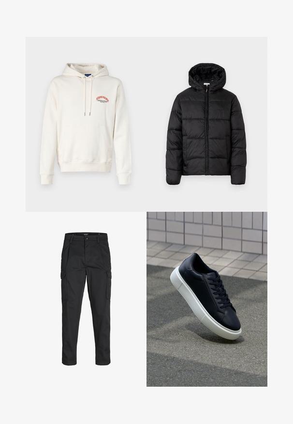 Giacca a vento nera con cappuccio, caratterizzata da pannelli trapuntati orizzontali, chiusura frontale con zip e una texture liscia e lucida.; Felpa color crema realizzata in morbido tessuto, con tasca a marsupio e logo grafico rosso sul petto. Disponibile con lacci di regolazione con punte in metallo.; Pantaloni cargo neri realizzati in un tessuto resistente, dotati di molteplici tasche, chiusura con bottone e un design aderente con gambe affusolate.; Sneaker in pelle nera con punta arrotondata e suola in gomma bianca. Presenta lacci piatti e cuciture minime sulla parte superiore. Suola testurizzata per una migliore aderenza.