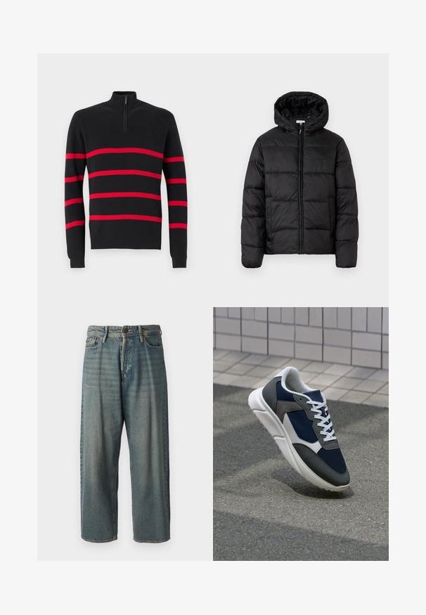 Μαύρο μπουφάν με κουκούλα, με οριζόντια καπιτονέ πάνελ, κλείσιμο με φερμουάρ μπροστά και λεία, γυαλιστερή υφή.; Μαύρο πλεκτό πουλόβερ με μισό φερμουάρ στον γιακά, διακοσμημένο με οριζόντιες κόκκινες ρίγες. Λείο υλικό με εφαρμοστές μανσέτες και στρίφωμα.; Ανοιχτό μπλε τζιν παντελόνι με χαλαρή γραμμή, μέση μέσου ύψους και ευθείες γραμμές. Περιλαμβάνει πέντε τσέπες, θηλιές ζώνης και κούμπωμα με κουμπί.; Αθλητικά παπούτσια με επάνω μέρος από ναυτικό μπλε διχτυωτό ύφασμα, γκρι σουέτ λεπτομέρειες, λευκή καουτσούκ σόλα και επίπεδα λευκά κορδόνια, σχεδιασμένα για άνεση και αερισμό.