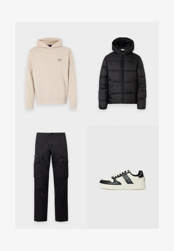 Veste matelassée noire avec capuche, présentant des panneaux matelassés horizontaux, un devant zippé et une texture lisse et brillante.; Hoodie beige fabriqué dans un matériau doux, avec une poche avant, un capuchon à cordon de serrage et un petit logo graphique sur la zone gauche de la poitrine.; Pantalons cargo noirs avec plusieurs poches, une poche zippée sur la cuisse, coupe droite et tissu en coton résistant avec un léger éclat.; Baskets en cuir avec un schéma de couleurs noir et crème, dotées d'accents perforés, d'un col rembourré et d'une semelle texturée.