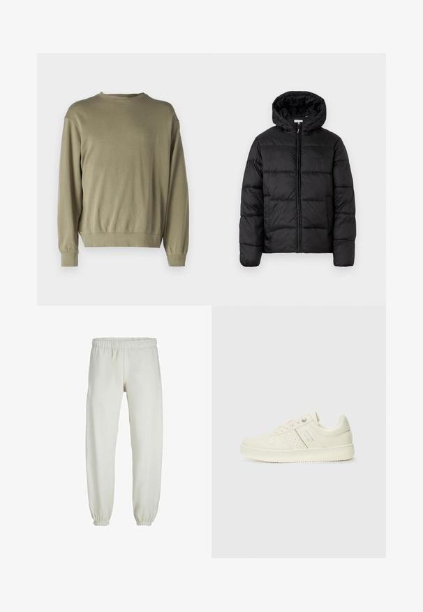 Black puffer jacket with a hood, featuring horizontal quilted panels, zip front closure, and a smooth, shiny texture.; Olive green, long-sleeve sweatshirt made of soft cotton blend. Features a round neckline and ribbed cuffs with a relaxed fit.; White sweatpants made from soft fabric, featuring an elastic waistband and cuffs, with a smooth texture and loose-fitting design.; Cream-colored sneaker with perforated detailing, laces, and logo on the side, displayed against a plain white background.