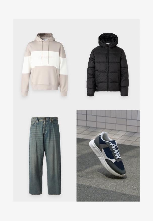 Casaco puffer preto com capuz, apresentando painéis acolchoados horizontais, fecho com zíper na frente e uma textura suave e brilhante.; Sweatshirt com capuz em bege com riscas horizontais brancas. Apresenta um bolso frontal e cordão, feito de um material suave em mistura de algodão.; Jeans de ganga azul claro com um corte solto, cintura média e pernas retas. Apresenta cinco bolsos, passadores de cinto e fecho com botão.; Sapatilha com parte superior em malha azul-marinho, detalhes em camurça cinza, sola de borracha branca e atacadores brancos planos, projetada para conforto e respirabilidade.