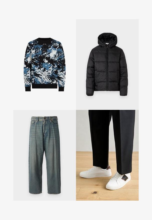 Čierna prešívaná bunda s kapucňou, s horizontálnymi prešívanými panelmi, so zipsom vpredu a hladkou, lesklou textúrou.; Pletený sveter s čiernym, modrým a bielym maskáčovým vzorom, rebrovaným golierom a manžetami a malou nášivkou logo na prsiach.; Svetlomodré denimové nohavice so voľným strihom, stredne vysokým pásom a rovnými nohavicami. Obsahujú päť vreciek, pútka na opasok a zapínanie na gombík.; Biele tenisky s hladkým povrchom, s hnedými koženými akcentmi a čiernymi detailmi, spárované s čiernymi elegantnými nohavicami. Pozadím je drevená podlaha.
