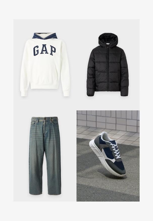 Čierna prešívaná bunda s kapucňou, s horizontálnymi prešívanými panelmi, so zipsom vpredu a hladkou, lesklou textúrou.; Biely bavlnený mikina s kapucňou v námorníckych pásikoch, s veľkým logom "GAP" v námorníckej farbe na prednej strane. Obsahuje predné vrecko a rebrované manžety.; Svetlomodré denimové nohavice so voľným strihom, stredne vysokým pásom a rovnými nohavicami. Obsahujú päť vreciek, pútka na opasok a zapínanie na gombík.; Tenisky s sieťovinou v námorníckej modrej farbe, so sivými semišovými detailmi, bielou gumovou podrážkou a plochými bielymi šnúrkami, navrhnuté pre pohodlie a priedušnosť.