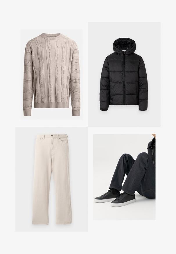Zwarte pufferjack met een capuchon, met horizontale gestikte panelen, ritssluiting aan de voorkant en een gladde, glanzende textuur.; Licht beige trui met gestructureerde, verheven patronen. Lange mouwen, ribgebreide ronde hals en zoom. De stof lijkt zacht met een iets onregelmatig patroon.; Beige corduroy broek met een recht model, voorzien van een geribbelde textuur, vijf zakken en een knoopsluiting.; Zwarte leren sneakers met witte rubberen zolen, voorzien van ronde veters en een minimalistisch ontwerp, gecombineerd met donkere spijkerbroek.