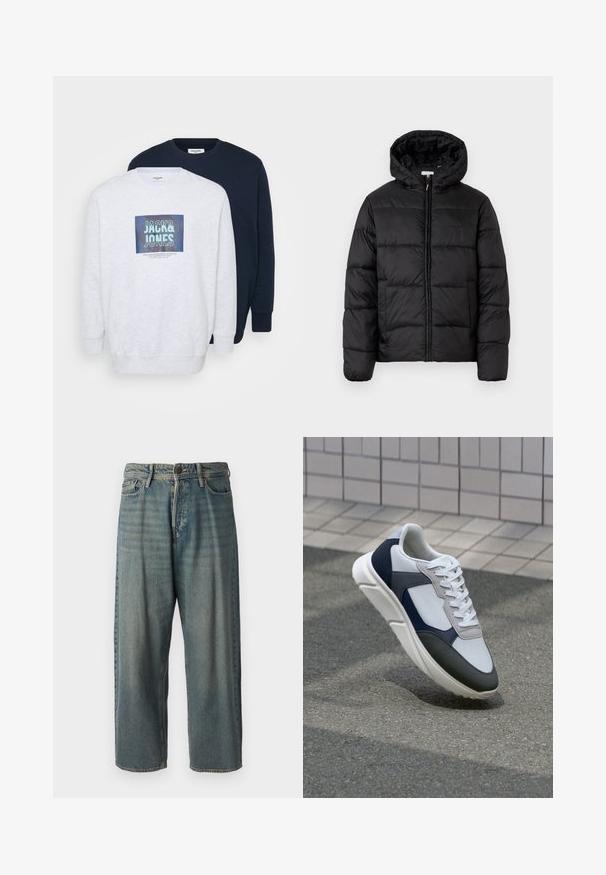 Casaco puffer preto com capuz, apresentando painéis acolchoados horizontais, fecho com zíper na frente e uma textura suave e brilhante.; Dois sweatshirts de gola redonda: um em cinza claro com uma estampa gráfica e outro em azul marinho. Ambos são feitos de tecido macio com punhos canelados.; Jeans de ganga azul claro com um corte solto, cintura média e pernas retas. Apresenta cinco bolsos, passadores de cinto e fecho com botão.; Sapatilhas brancas, azuis-marinho e cinzas com um design de materiais mistos, apresentando uma parte superior texturizada, atacadores planos e uma sola acolchoada.