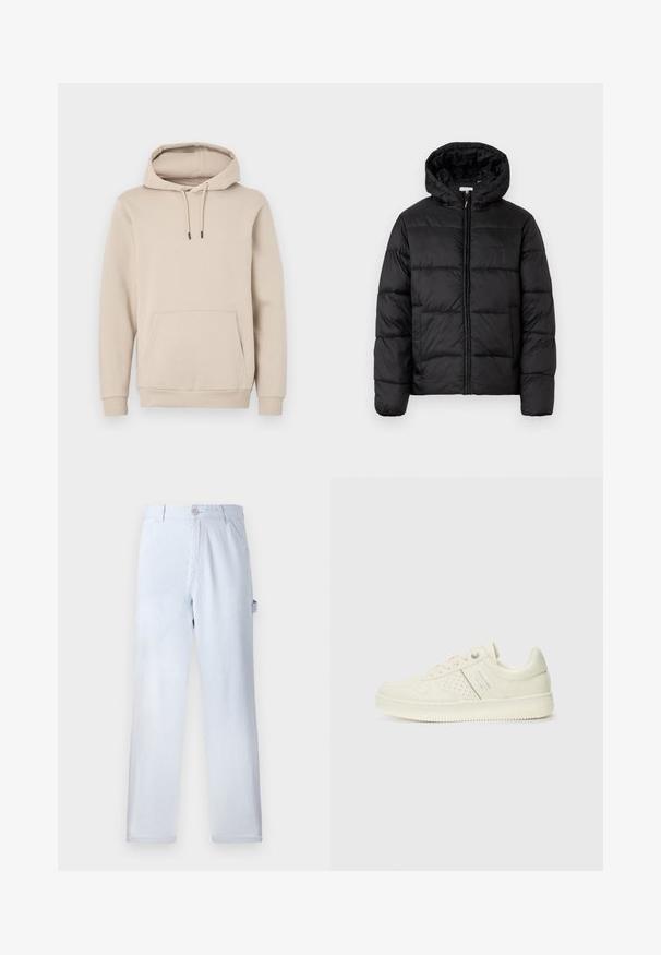 Zwarte pufferjack met een capuchon, met horizontale gestikte panelen, ritssluiting aan de voorkant en een gladde, glanzende textuur.; Hoodie in lichtbeige, gemaakt van zachte stof. Beschikt over een voorzak en verstelbare koordjes met zwarte uiteinden. Ribgebreide manchetten.; Lichtblauwe gestreepte broek van katoen. Rechtaf hangend ontwerp, met een voorknopsluiting en zijzakken. Zachte textuur.; Crème-kleurige sneaker met geperforeerde details, veters en een logo aan de zijkant, weergegeven tegen een eenvoudige witte achtergrond.