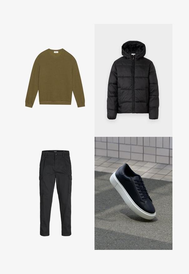 Svart dunjacka med huva, med horisontella quiltade paneler, dragkedja fram och en slät, glänsande yta.; Olivgrön långärmad tröja med texturerat fiskbensmönster, rund hals och ribbade muddar och nederkant. Enkel, avslappnad passform.; Svarta cargobyxor tillverkade av hållbart tyg, med flera fickor, knappstängning och en smal passform med avsmalnande ben.; Svart lädersneaker med rundad tå och vit gummisula. Har platta snören och minimal sömnad på ovansidan. Texturerad sula för grepp.