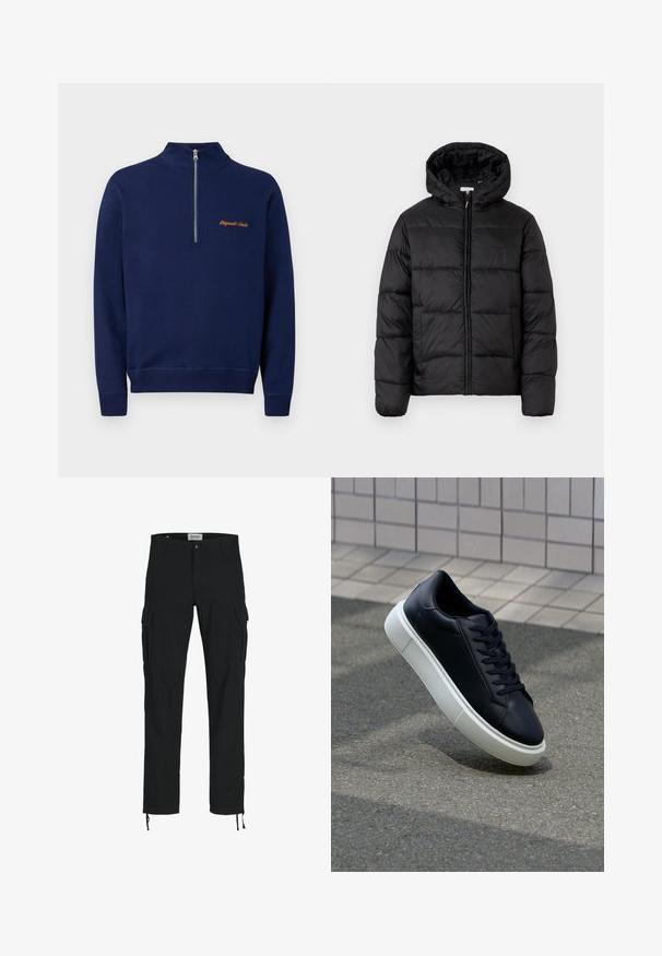 Fekete puffermellény kapucnival, vízszintes steppelésekkel, cipzáros elülső záródással és sima, fényes felülettel.; Sötétkék pulóver, negyed cipzáros gallérral, narancssárga "Originals Studio" hímzéssel a mellkasán.; Fekete cargo nadrág egyenes szabással, oldalzsebekkel, gombos zárással és rugalmas húzózsinórral a bokáknál. Tartós anyagból készült.; Fekete bőr sportcipő lekerekített orral és fehér gumitalppal. Lapos fűzőkkel és minimális varrásokkal rendelkezik a felsőrészén. Mintás talp a tapadásért.