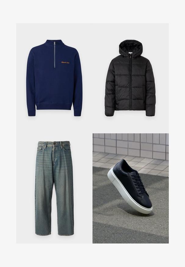 Black puffer jacket with a hood, featuring horizontal quilted panels, zip front closure, and a smooth, shiny texture.; Navy blue pullover sweatshirt with a quarter-zip collar and "Originals Studio" embroidered in orange on the chest.; Light blue denim jeans with a loose fit, mid-rise waist, and straight legs. Features five pockets, belt loops, and a button closure.; Black leather sneaker with rounded toe and white rubber sole. Features flat laces and minimal stitching on the upper. Textured sole for grip.