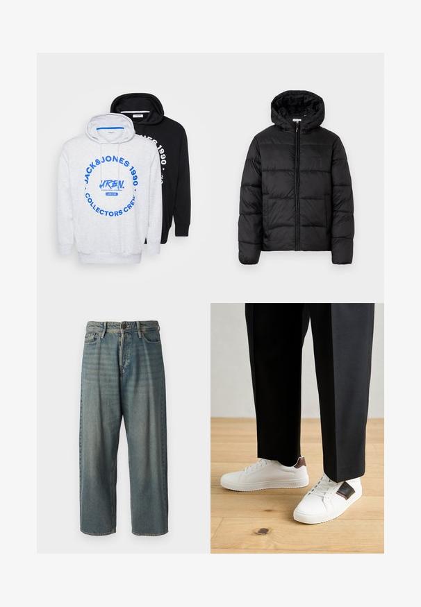 Jachetă puffer neagră cu glugă, cu panouri quilted orizontale, închidere prin fermoar și o textură netedă, lucioasă.; Două hanorace: unul gri cu text grafic albastru și un design mare în formă de cerc, iar celălalt complet negru, ambele cu glugă cu șnur și manșete ribbate.; Jeans din denim bleu deschis, cu o croială lejeră, talie medie și picioare drepte. Au cinci buzunare, bucle pentru curea și închidere cu nasture.; Sneakers albe cu textură netedă, având accente din piele maro și detalii negre, asociate cu pantaloni negri pe măsură. Fundal din podea din lemn.