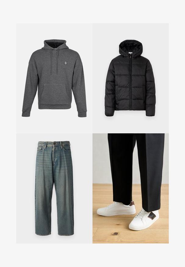 Musternaturmustar coat mustelhoovaga, hrisontaalsete tikandi paneelidega, tõmbluku ees sulgemisega ja sujuva, läikiva tekstuuriga.; Hallitus halli puuvillane kapuutsiga, millel on tekstureeritud vahu-sokkide disain. Omab eesmist taskut, reguleeritavat stringiga kapuutsi ja väikest valmislogot.; Heledad sinine denim-stiilis teksad, volüümse lõike, keskmise kõrgusega talje ja sirgete säärega. Omab viit taskut, vöökumme ja nööpide sulgemist.; Valged sneakersid siledat tekstuurist, millel on pruunad nahast detailid ja mustad aksessuaarid, millele on sobitatud mustad kohandatud püksid. Puitpõranda taust.