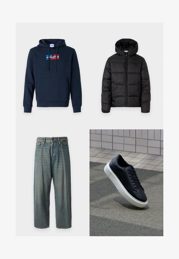 Veste matelassée noire avec capuche, présentant des panneaux matelassés horizontaux, un devant zippé et une texture lisse et brillante.; Sweat à capuche bleu marine avec une poche kangourou à l'avant, un cordon de serrage au niveau de la capuche et un logo rouge et bleu, offrant une texture douce et lisse ainsi que des poignets côtelés.; Jeans en denim bleu clair avec une coupe ample, taille mi-haute et jambes droites. Comprend cinq poches, des passants de ceinture et une fermeture à bouton.; Baskets noires en cuir avec bout arrondi et semelle en caoutchouc blanc. Elles présentent des lacets plats et une couture minimale sur la tige. Semelle texturée pour une bonne adhérence.