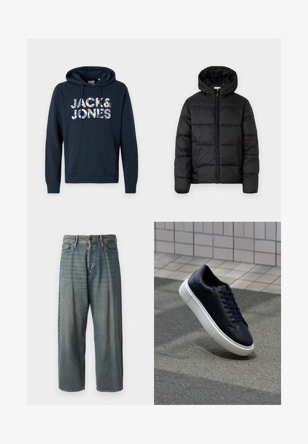 Giacca a vento nera con cappuccio, caratterizzata da pannelli trapuntati orizzontali, chiusura frontale con zip e una texture liscia e lucida.; Felpa blu navy con tasca a marsupio, cappuccio regolabile con cordino e stampa grafica "JACK & JONES" con motivi floreali in vari colori.; Jeans di denim azzurro chiaro con vestibilità ampia, vita media e gambe dritte. Presenta cinque tasche, passanti per cintura e chiusura con bottone.; Sneaker in pelle nera con punta arrotondata e suola in gomma bianca. Presenta lacci piatti e cuciture minime sulla parte superiore. Suola testurizzata per una migliore aderenza.