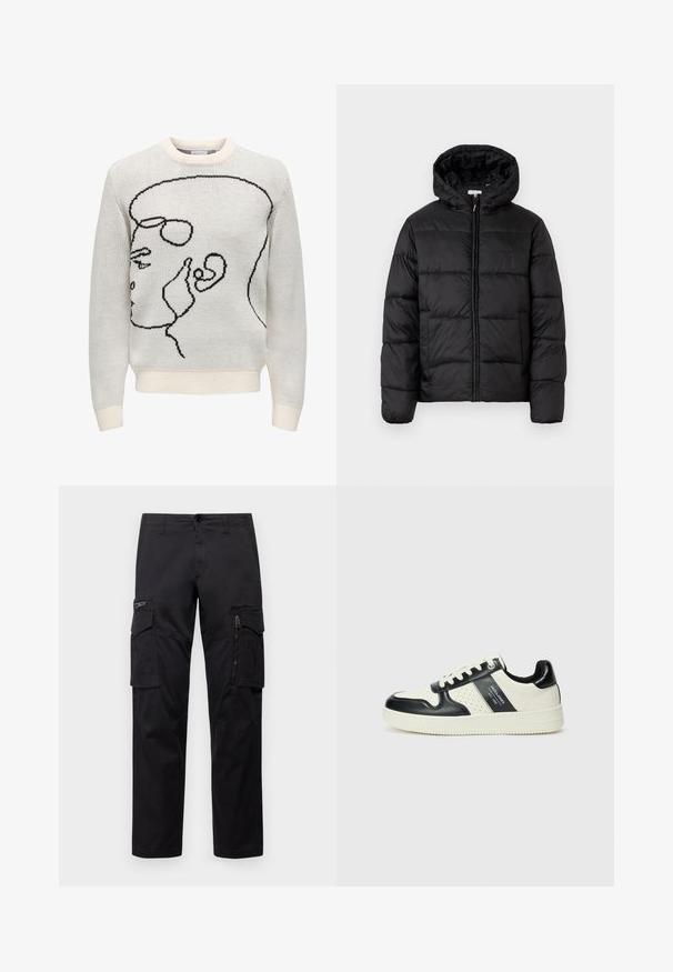 Sort pufferjakke med hætte, med vandrette quiltede paneler, lynlåslukning foran og en glat, skinnende tekstur.; Hvid strikket sweater med sort linje kunstdesign, der viser en profil. Har en rund halsudskæring samt ribbede manchetter og kant. Blød tekstur.; Sorte cargo-bukser med multiple lommer, en lynlåslomme på låret, lige pasform og holdbart bomuldsstof med let glans.; Lædersneakers i sort og creme farveskema, med perforerede detaljer, en polstret krave og en struktureret ydersål.