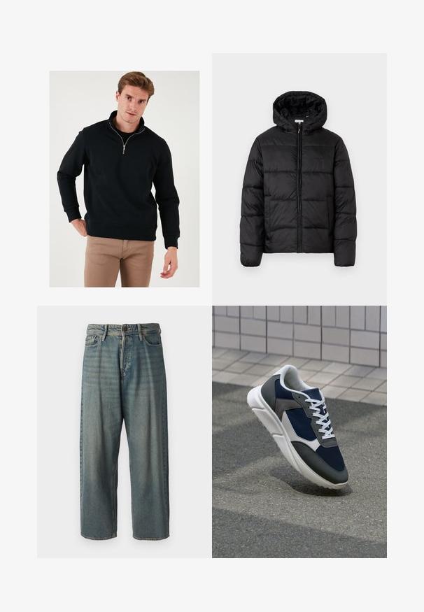 Černá péřová bunda s kapucí, s horizontálně prošívanými panely, předním zipovým zapínáním a hladkým, lesklým povrchem.; Černá mikina na zip s vysokým límcem, dlouhými rukávy a volným střihem. Vyrobená z měkkého materiálu s pružnými manžetami a lemem.; Světle modré denimové džíny s volným střihem, středně vysokým pasem a rovnými nohavicemi. Obsahují pět kapes, poutka na opasek a zapínání na knoflík.; Tenisky s horní částí z námornicky modré síťoviny, šedými semišovými akcenty, bílou gumovou podrážkou a plochými bílými tkaničkami, navržené pro pohodlí a prodyšnost.